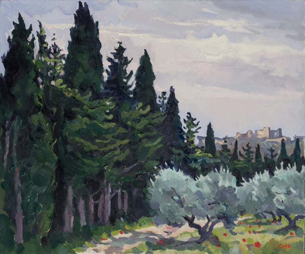 cypressee,oliviers, coquelicots, poppies, les baux de Provence, peinture artiste, sur le motif